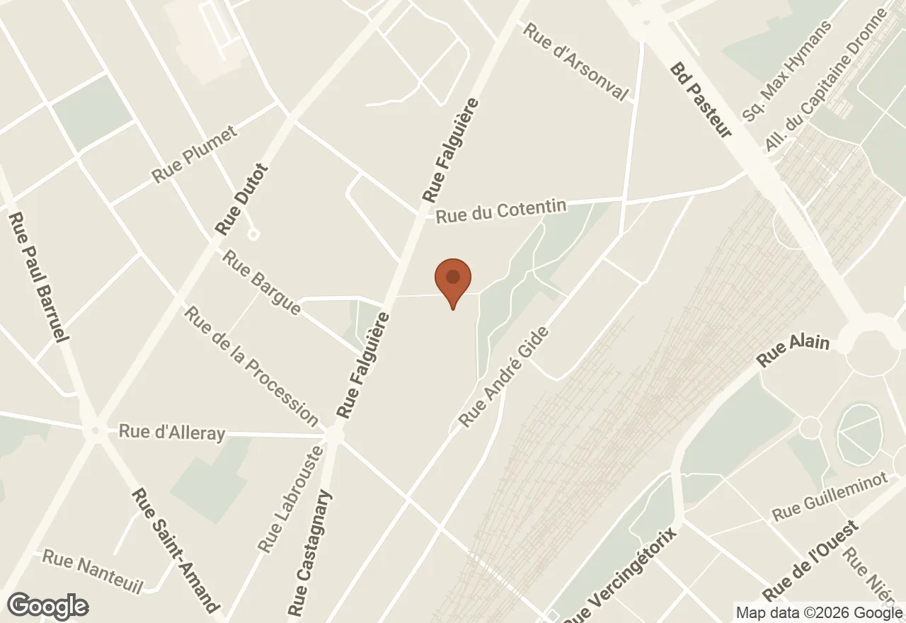 Plan du quartier : le cabinet est situé 10 rue Aristide Maillol, 75015 Paris, entre la rue Falguière et la rue du Cotentin.