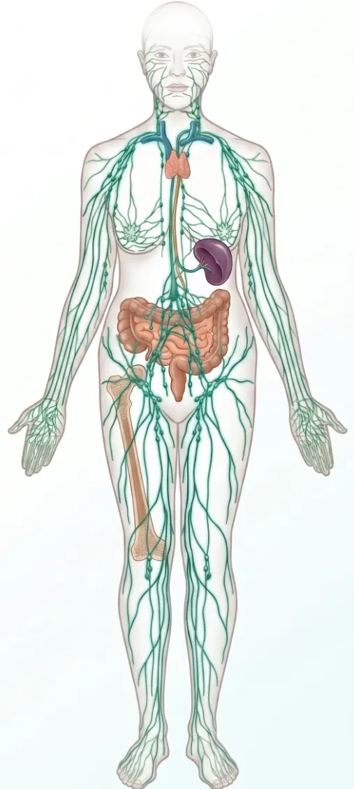Schéma du système lymphatique humain : vaisseaux, chaînes ganglionnaires et organes lymphoïdes.